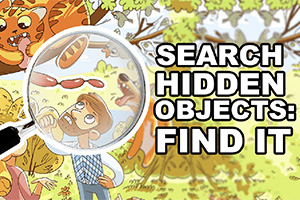 En tecknad scen med en man som tittar genom ett förstoringsglas i en skogsmiljö med tecknade djur och lövverk, tillsammans med texten SEARCH HIDDEN OBJECTS: FIND IT