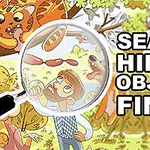 En tecknad scen med en man som tittar genom ett förstoringsglas i en skogsmiljö med tecknade djur och lövverk, tillsammans med texten SEARCH HIDDEN OBJECTS: FIND IT