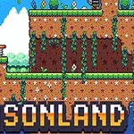 Pixelkonstbild med plattformsterräng, växter och himmel samt texten Seasonland