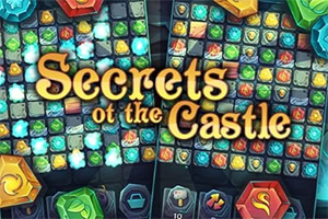 Färgglatt rutnät med ädelstenar och symboler bakom texten Secrets of the Castle