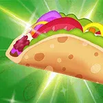 Tecknad bild av en taco med fyllning av sallad, tomat, lök och köttfärs mot en grön bakgrund med strålande ljuseffekter