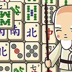 En tecknad äldre man med käpp står framför ett bräde med mahjongbrickor
