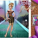 En animerad kvinna klädd i en elegant, glittrig klänning står på en catwalk med strålkastare i bakgrunden