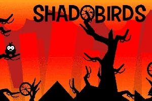 Silhuetter av träd och fåglar mot en röd och orange himmel med texten SHADOBIRDS