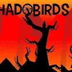 Silhuetter av träd och fåglar mot en röd och orange himmel med texten SHADOBIRDS