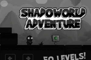 Titeltexten Shadoworld Adventure visas med en mörk silhuettfigur bredvid en pilskylt, samt texten 50 Levels!