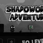 Titeltexten Shadoworld Adventure visas med en mörk silhuettfigur bredvid en pilskylt, samt texten 50 Levels!