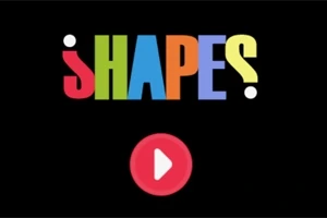 Texten SHAPES i olika färger och ett rött play-knapp på en svart bakgrund