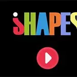 Texten SHAPES i olika färger och ett rött play-knapp på en svart bakgrund