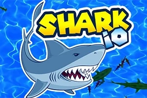 En tecknad haj med öppen mun mot en blå bakgrund och texten SHARK io i bakgrunden
