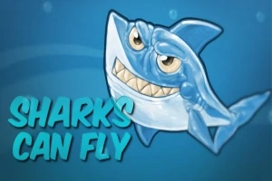 Tecknad haj med stort leende och texten Sharks Can Fly mot en blå bakgrund