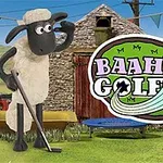 Ett får i en trädgård håller en golfklubba bredvid en logotyp med texten Baahmy Golf