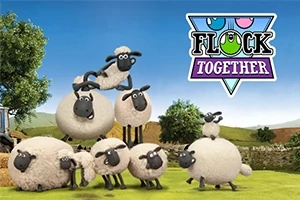 Flera animerade får är samlade på en grön äng under en blå himmel, med logotypen Flock Together i övre högra hörnet