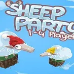 Tecknad bild med två får på molnliknande plattformar, ett med röd mössa och det andra med gul mössa, mot en blå bakgrund med texten Sheep Party 1-4 Players