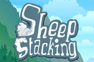 Sheep Stacking logotyp med berg och träd i bakgrunden mot en blå himmel