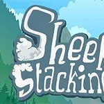Sheep Stacking logotyp med berg och träd i bakgrunden mot en blå himmel