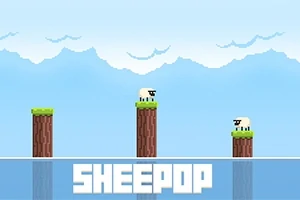 Två tecknade får på pelare i ett pixelart-landskap med en blå himmel och moln