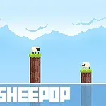 Två tecknade får på pelare i ett pixelart-landskap med en blå himmel och moln