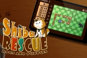 En tecknad bild av en mobilspelskärm som visar ett schackrutemönster med en hund, omgiven av texten Shiba Rescue Dogs and Puppies