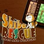 En tecknad bild av en mobilspelskärm som visar ett schackrutemönster med en hund, omgiven av texten Shiba Rescue Dogs and Puppies