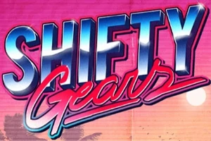 Texten Shifty Gears i retrostil med en solnedgång och palmer i bakgrunden