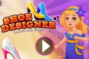 Tecknad flicka i en blå klänning, med texten Shoe Designer, färgglada högklackade skor och en spelknapp