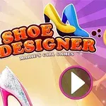Tecknad flicka i en blå klänning, med texten Shoe Designer, färgglada högklackade skor och en spelknapp
