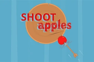 Ett träfärgat måltavla med orden SHOOT apples och en röd äpple som träffas av en pil