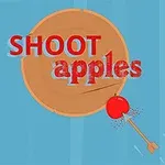Ett träfärgat måltavla med orden SHOOT apples och en röd äpple som träffas av en pil