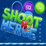 Färgglada sfärer med siffror och texten SHOOT N MERGE mot en blå bakgrund