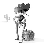 En tecknad cowboy med stor hatt och pistol står bredvid en tunna och en kaktus i bakgrunden