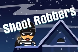 Tecknad karaktär i randig tröja med mask och pistol står på ett tak under en snöig natt, med texten Shoot Robbers ovanför
