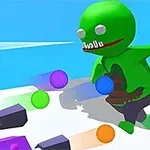 Grön animerad figur med stora tänder omgiven av flerfärgade bollar och lila föremål på en blå och vit bakgrund