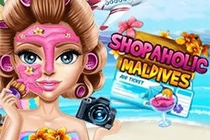 En tecknad kvinna med ansiktsmask och lockigt hår håller en kamera och ett flygplan i bakgrunden, med texten Shopaholic Maldives