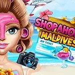 En tecknad kvinna med ansiktsmask och lockigt hår håller en kamera och ett flygplan i bakgrunden, med texten Shopaholic Maldives