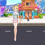 En animerad ung kvinna står på en gata framför två färgglada byggnader med skyltarna Daily Wheel of Fashion Fortune och Cosplayers