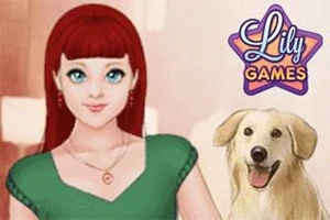 Kvinna med rött hår och grön klänning bredvid en glad hund och en logotyp som säger Lily Games