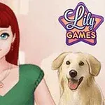 Kvinna med rött hår och grön klänning bredvid en glad hund och en logotyp som säger Lily Games