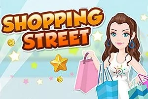 Tecknad kvinna med shoppingpåsar i handen bredvid texten Shopping Street med stjärnor och mynt i bakgrunden