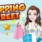 Tecknad kvinna med shoppingpåsar i handen bredvid texten Shopping Street med stjärnor och mynt i bakgrunden