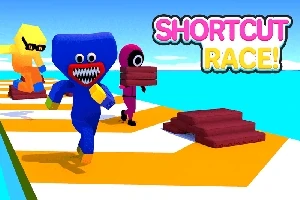Färgglada figurer springer och bär brädor på en hinderbana med texten SHORTCUT RACE!