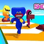 Färgglada figurer springer och bär brädor på en hinderbana med texten SHORTCUT RACE!