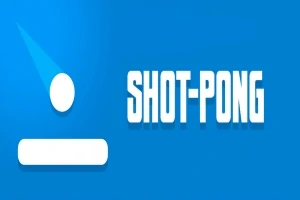 Blå bakgrund med en vit boll och en rektangulär platta, samt texten SHOT-PONG
