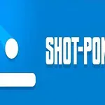 Blå bakgrund med en vit boll och en rektangulär platta, samt texten SHOT-PONG