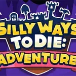 Illustration med texten Silly Ways to Die: Adventure 2 mot en lila bakgrund med silhuetter av ett slott och vingar