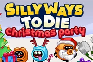 Färgglada tecknade figurer i julkläder med texten Silly Ways to Die Christmas Party