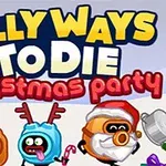 Färgglada tecknade figurer i julkläder med texten Silly Ways to Die Christmas Party