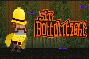 En tecknad karaktär i gul hatt och kappa står på en mörk stig med lila fladdermöss ovanför, framför en skogsbakgrund, med texten Sir Bottomtight bredvid