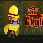 En tecknad karaktär i gul hatt och kappa står på en mörk stig med lila fladdermöss ovanför, framför en skogsbakgrund, med texten Sir Bottomtight bredvid