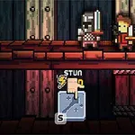 Två pixelerade figurer med svärd står på en plattform, medan en ikon med texten STUN visar en hand och en tangent